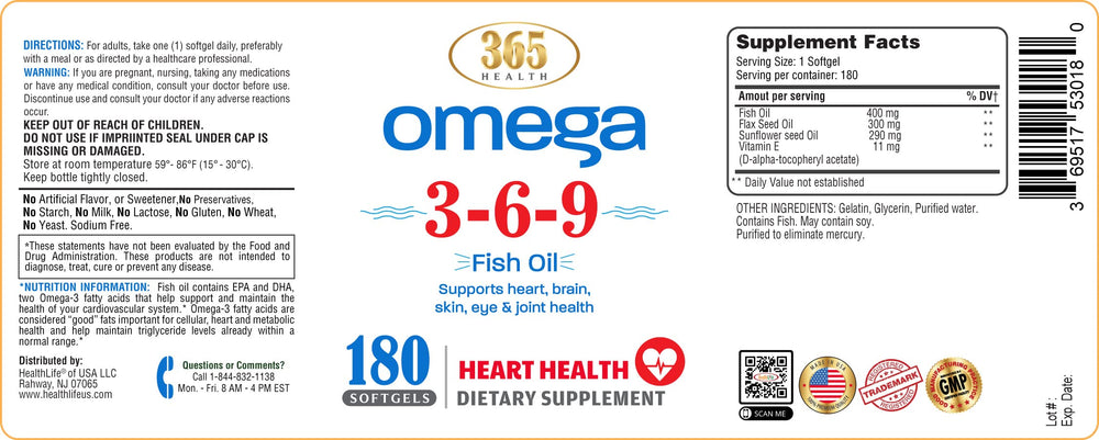 HEALTH LFE Omega 3-6-9 ingredients blend from fish, flaxseed, and borage oils.