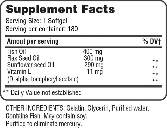 HEALTH LFE Omega 3-6-9 oil sources illustration featuring fish, flax, and borage.