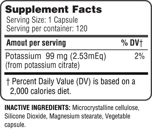 HEALTH LFE Health Potassium Citrate bottle closeup shows easy-to-swallow capsules