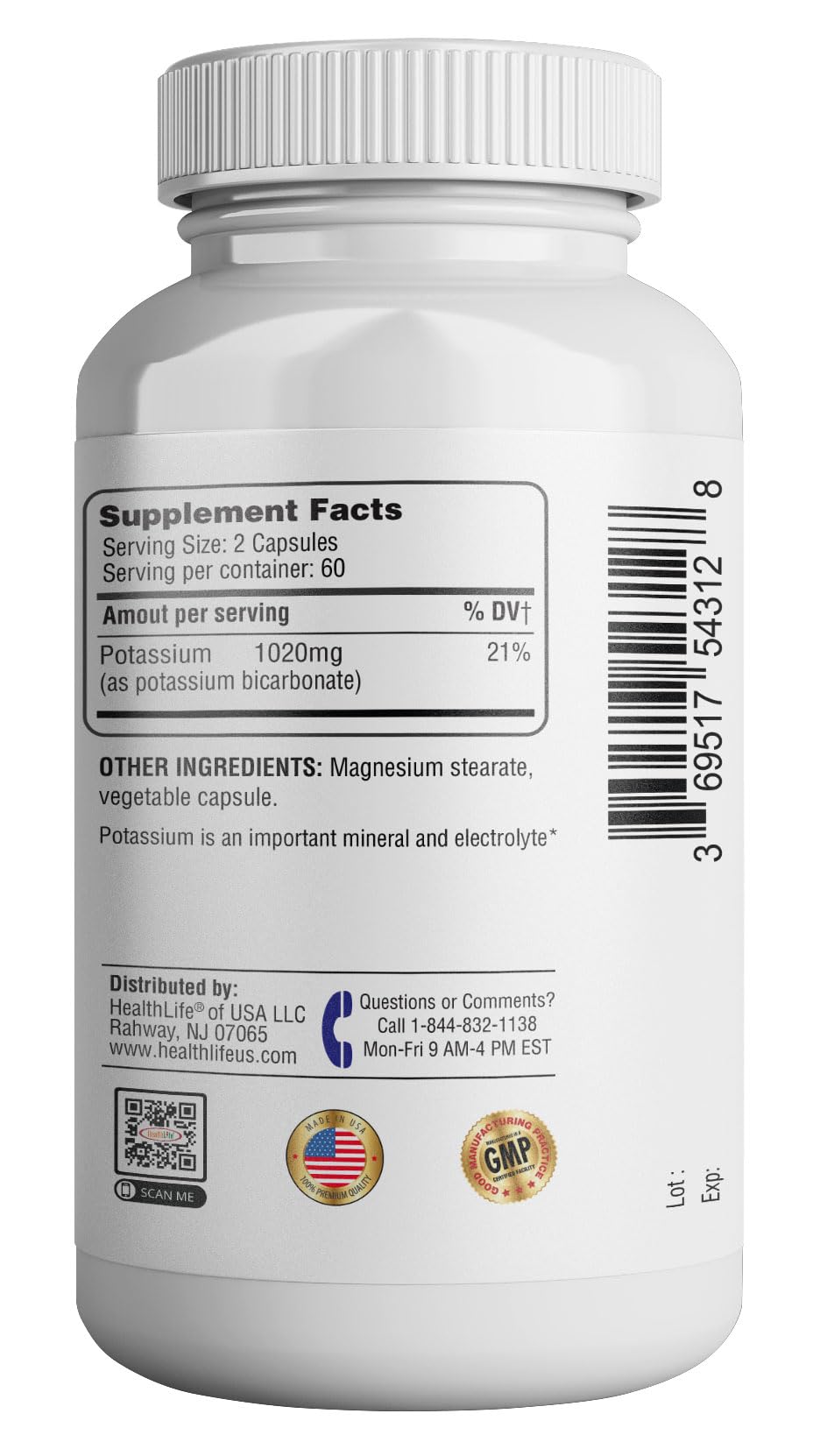 HEALTH LFE potassium supplement facts panel highlighting ingredients and serving