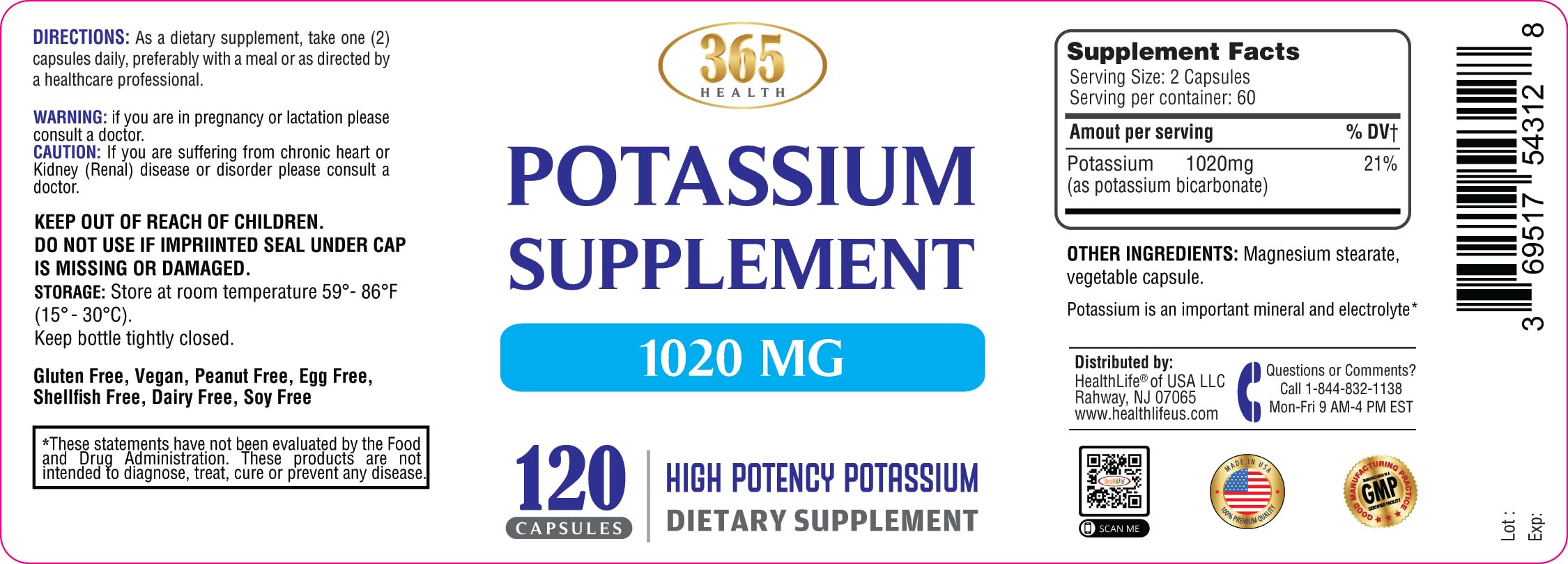 HEALTH LFE potassium gluten-free badge on bottle for dietary compatibility