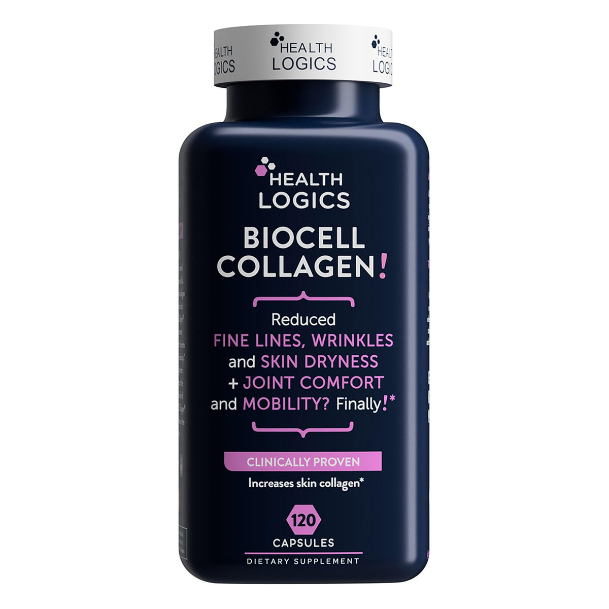 Health Logics BioCell bottle with capsules supports joint comfort and skin hydration.