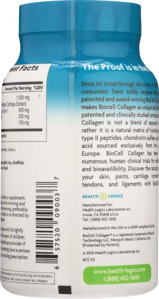 Health Logics BioCell Collagen capsules beside water for daily intake
