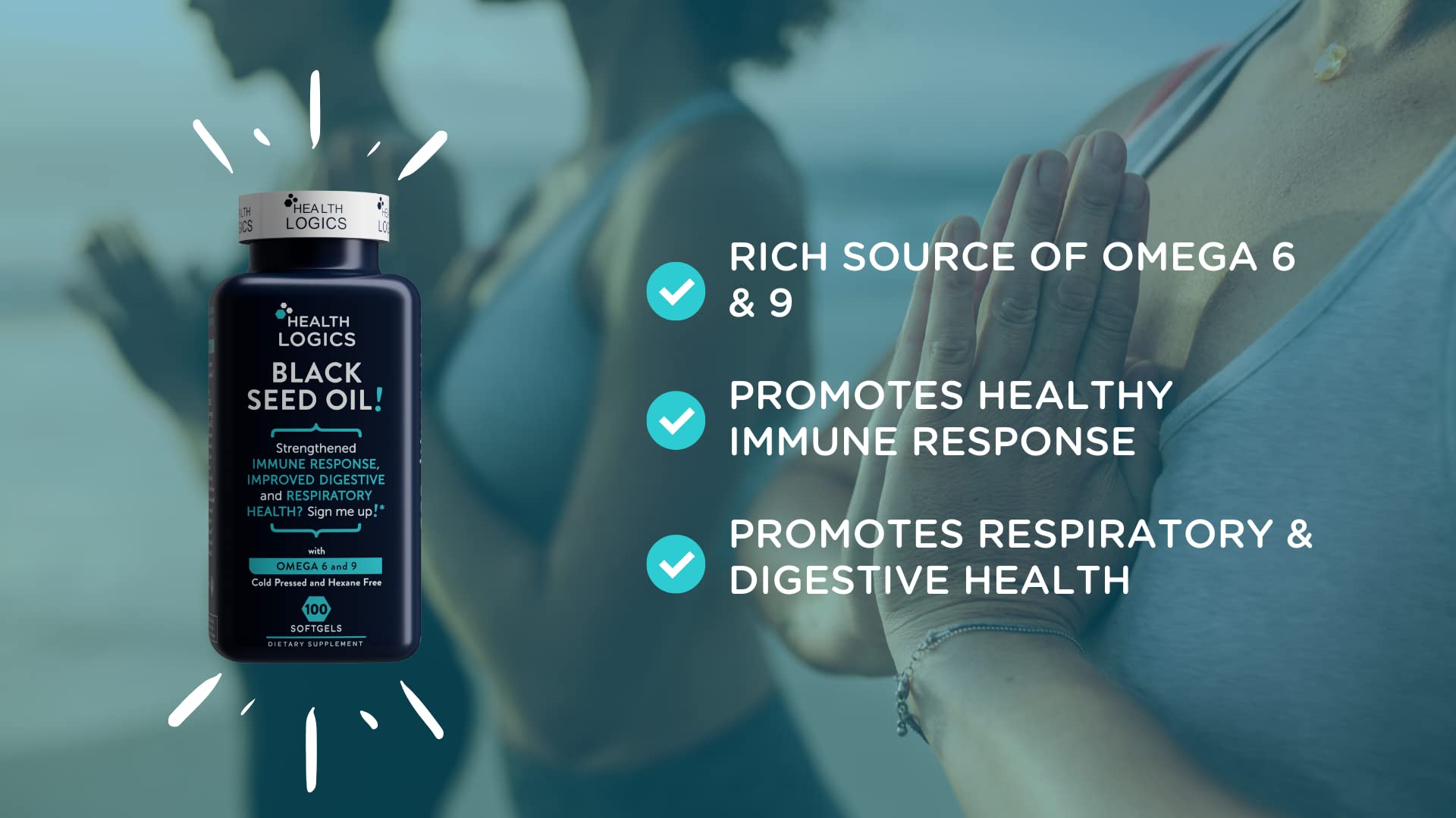 Health Logics Black Seed Oil amber bottle with premium label.
