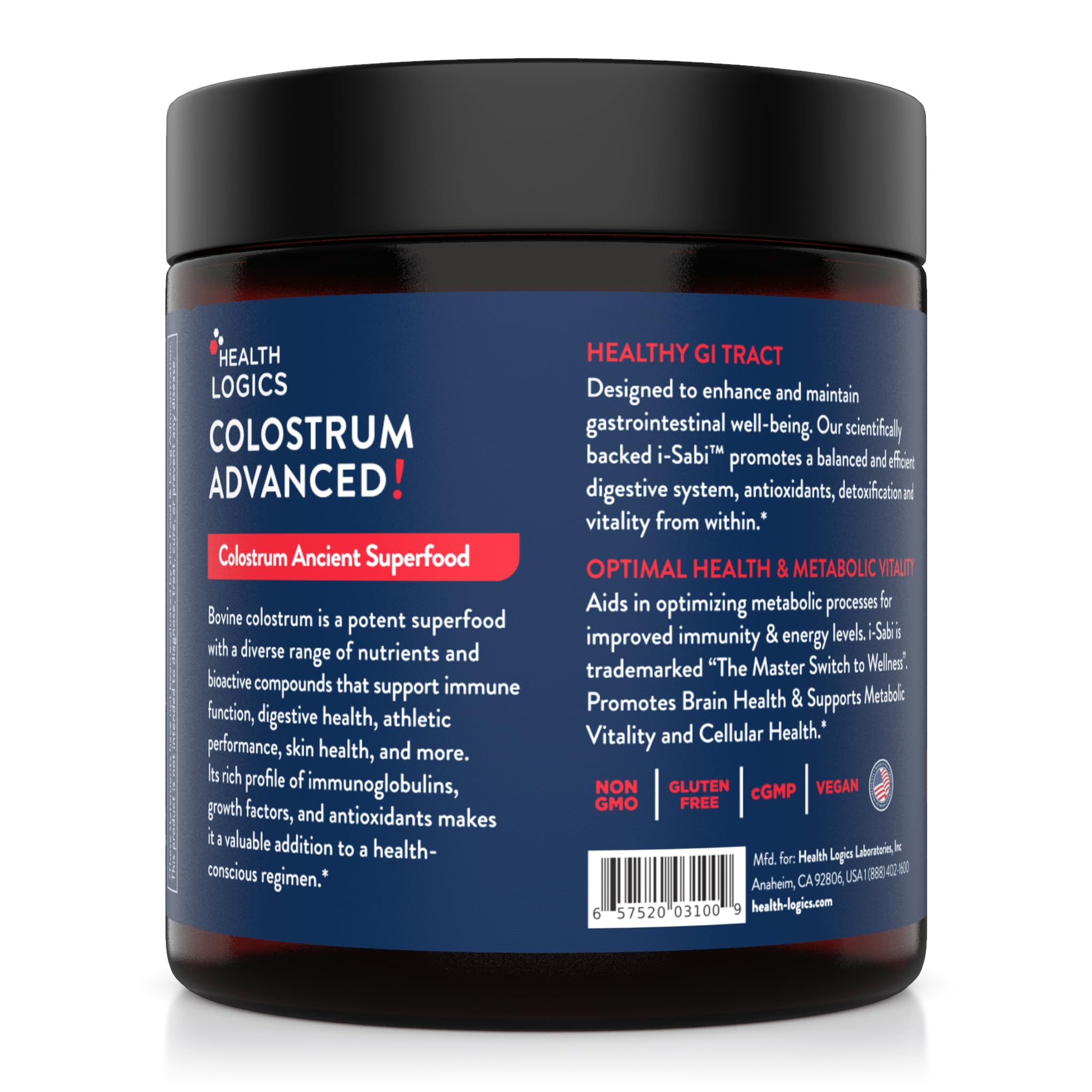 Close-up of Health Logics Colostrum Advanced label noting 25% IgG.