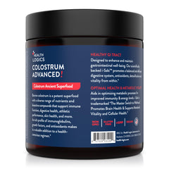 Close-up of Health Logics Colostrum Advanced label noting 25% IgG.