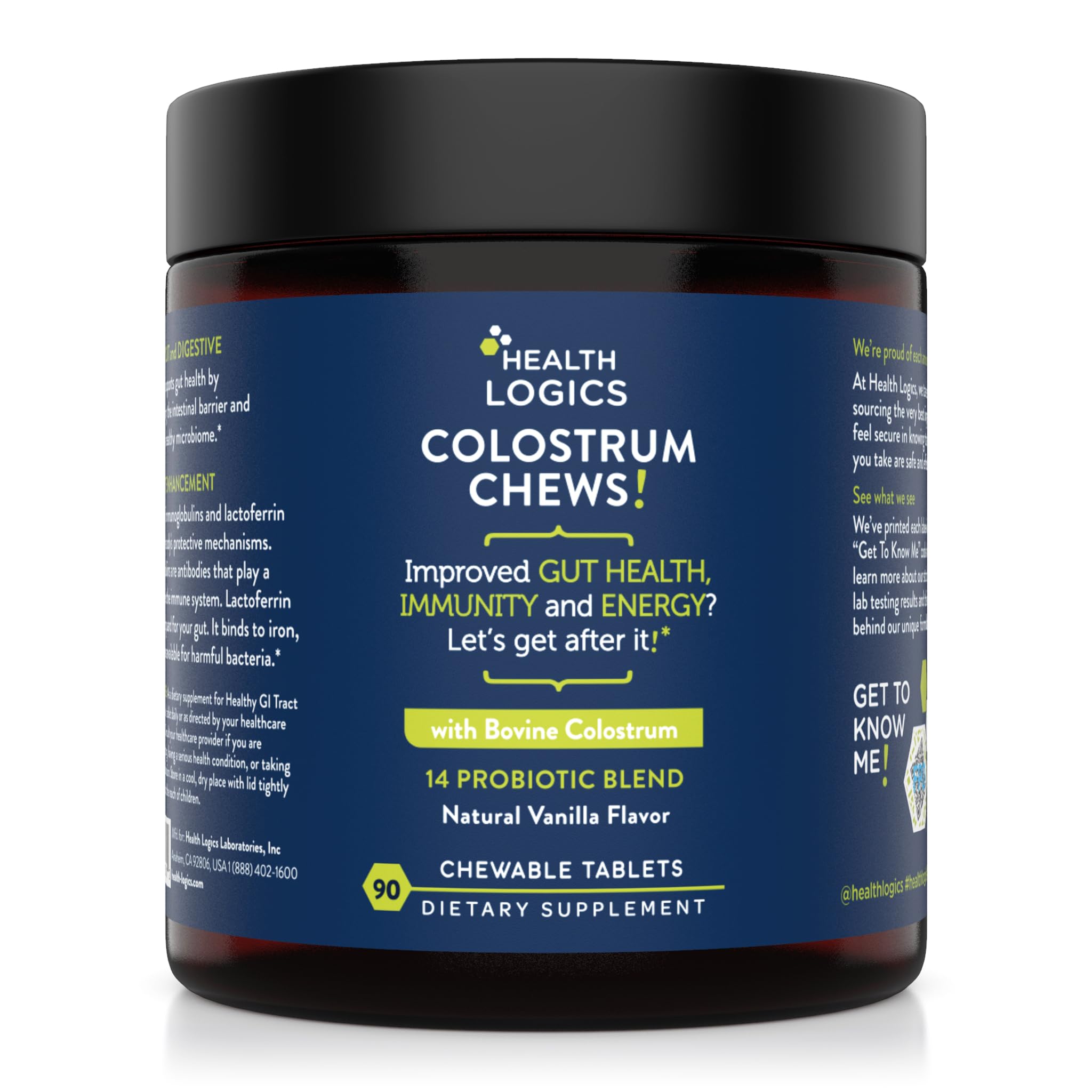 Health Logics Colostrum Chews vanilla bottle shows convenient daily immunity and gut support.