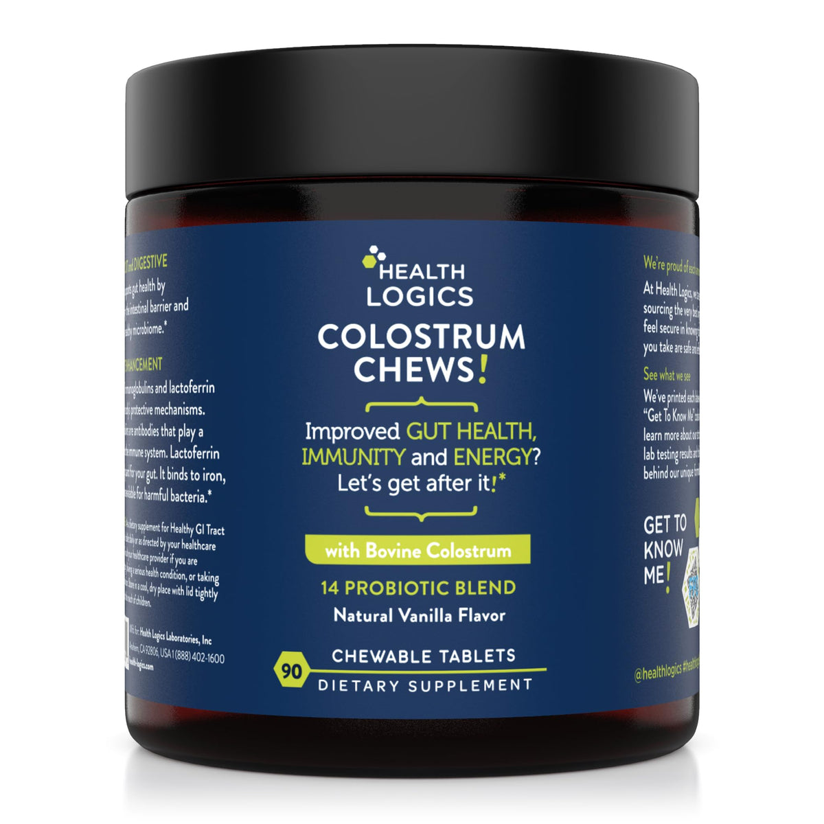 Health Logics Colostrum Chews vanilla bottle shows convenient daily immunity and gut support.