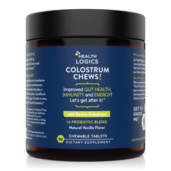 Health Logics Colostrum Chews vanilla bottle shows convenient daily immunity and gut support.