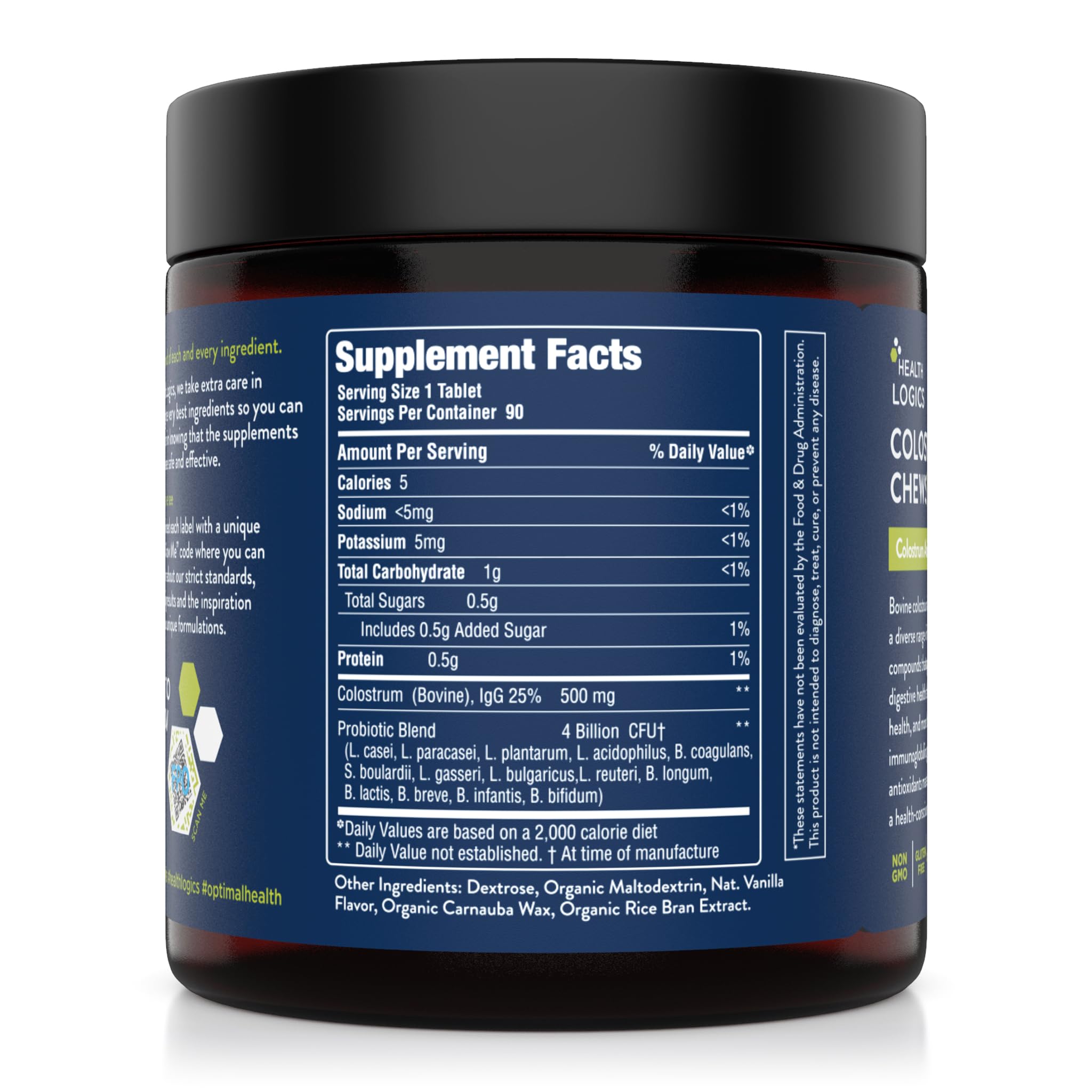 Health Logics Colostrum Chews vanilla label highlights 25 percent IgG for immune balance.