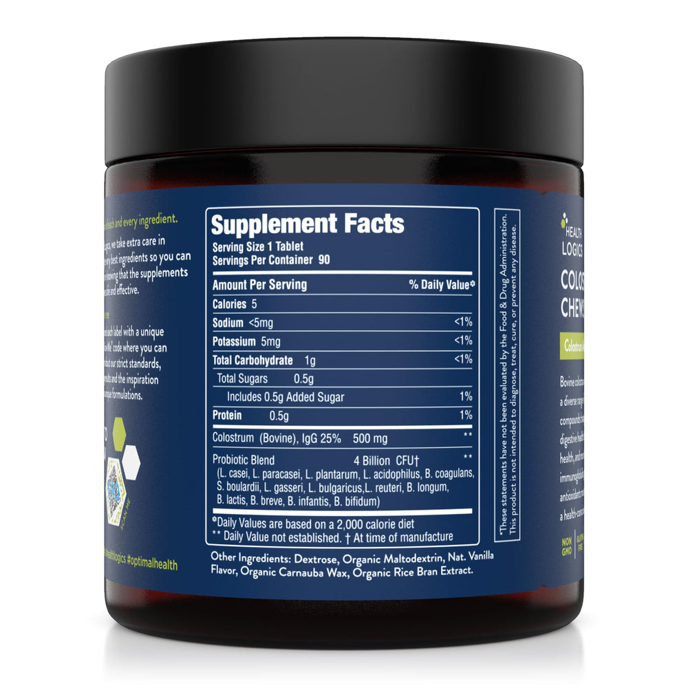 Health Logics Colostrum Chews vanilla label highlights 25 percent IgG for immune balance.