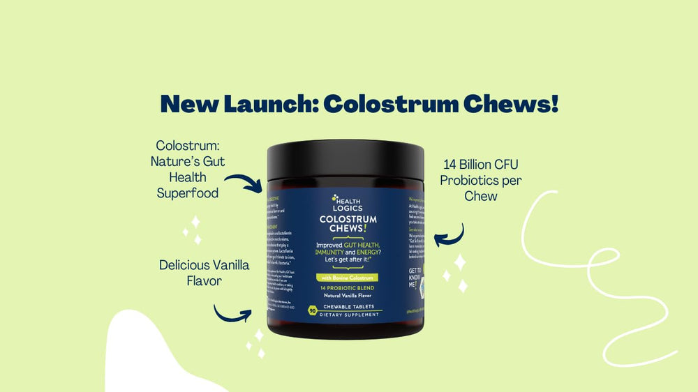 Health Logics Colostrum Chews vanilla packaging demonstrates USA grass fed origin and clean ingredients.