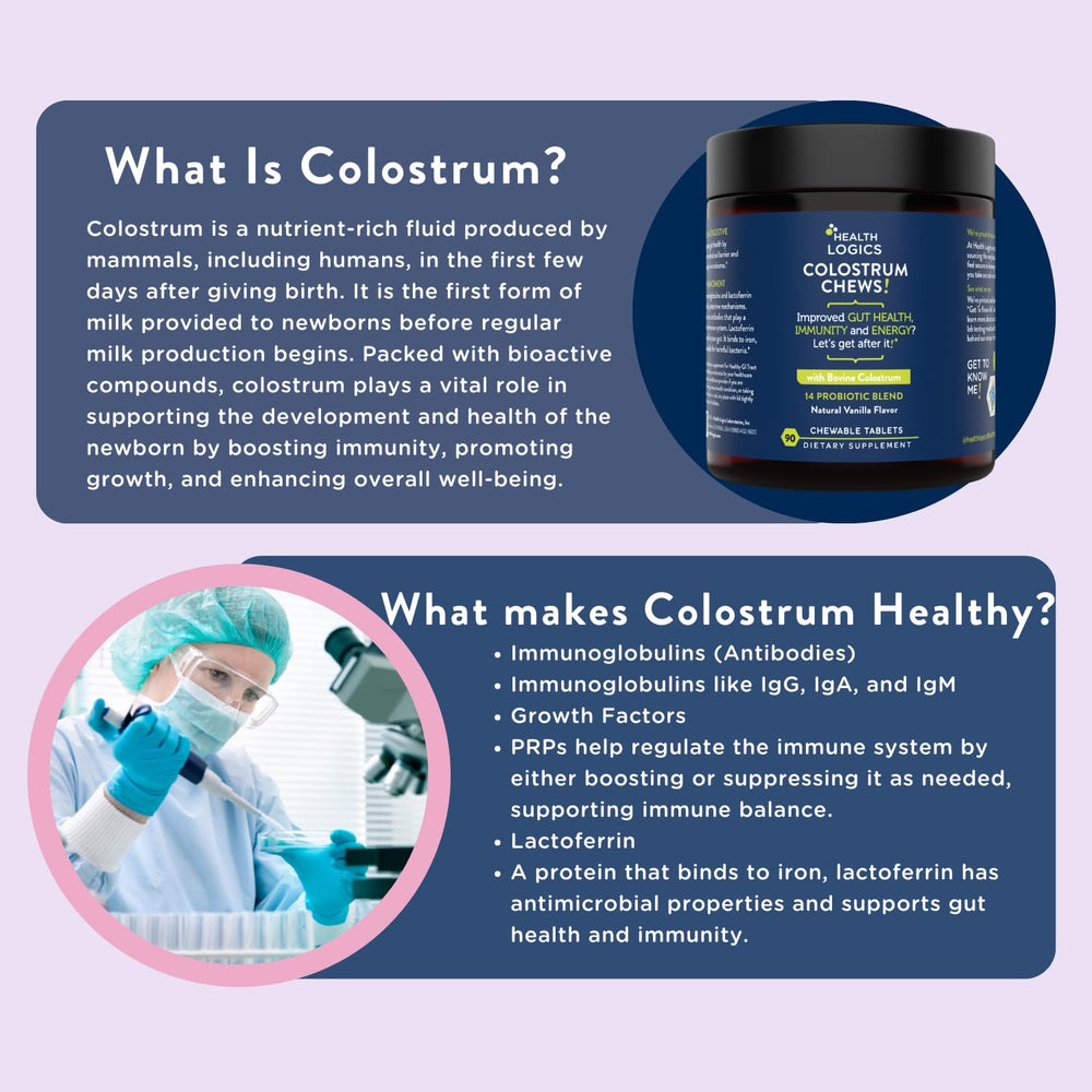 Health Logics Colostrum Chews vanilla serving dish showcases easy to chew daily probiotic support.