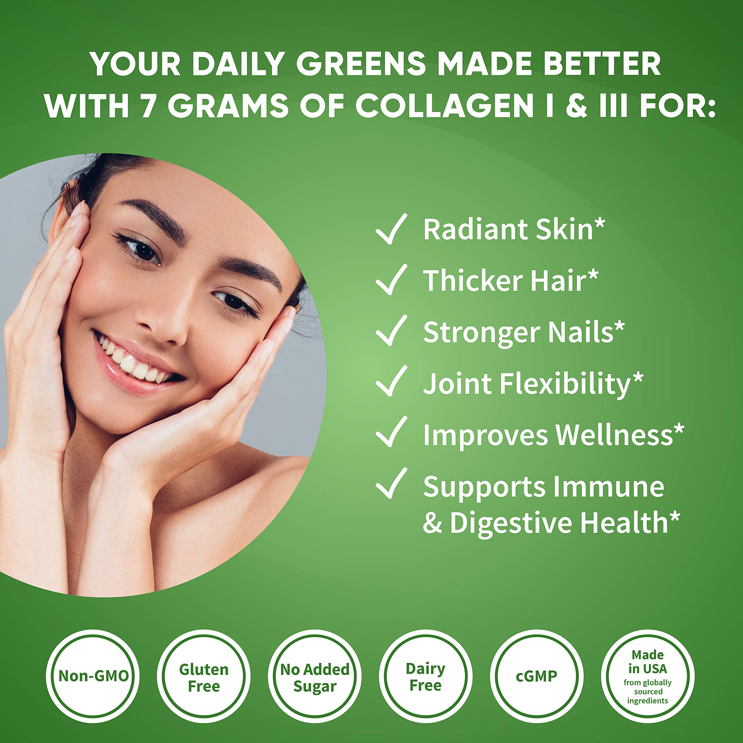 Health Logics Glowing Greens ingredients glow highlights greens, collagen, probiotics, and enzymes.