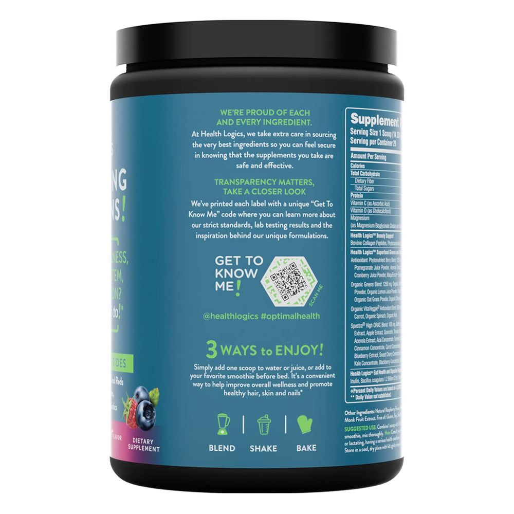 Health Logics Glowing Greens label closeup highlights clean ingredients and Berry Blast flavor.