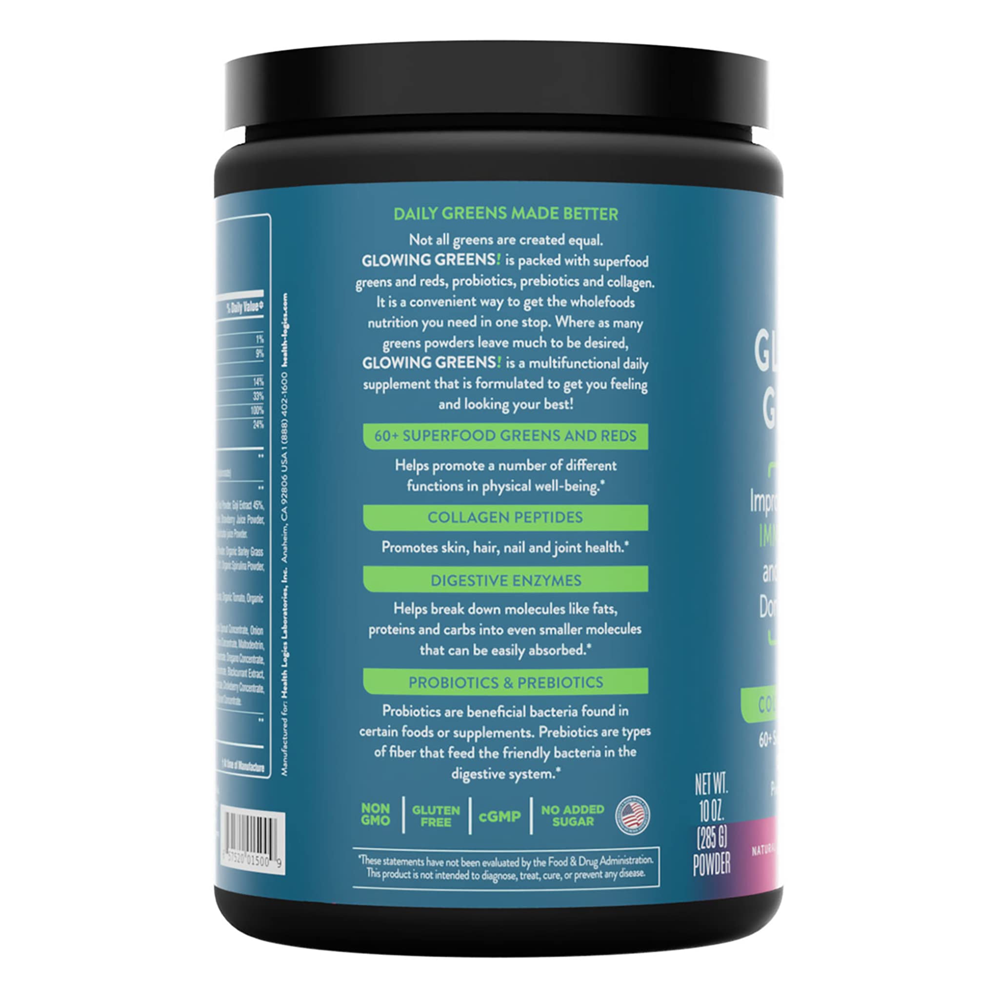Health Logics Glowing Greens powder dispense shows simple mixing for nutrient boost.