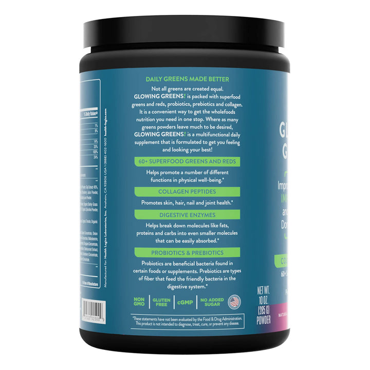 Health Logics Glowing Greens powder dispense shows simple mixing for nutrient boost.