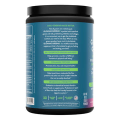 Health Logics Glowing Greens powder dispense shows simple mixing for nutrient boost.