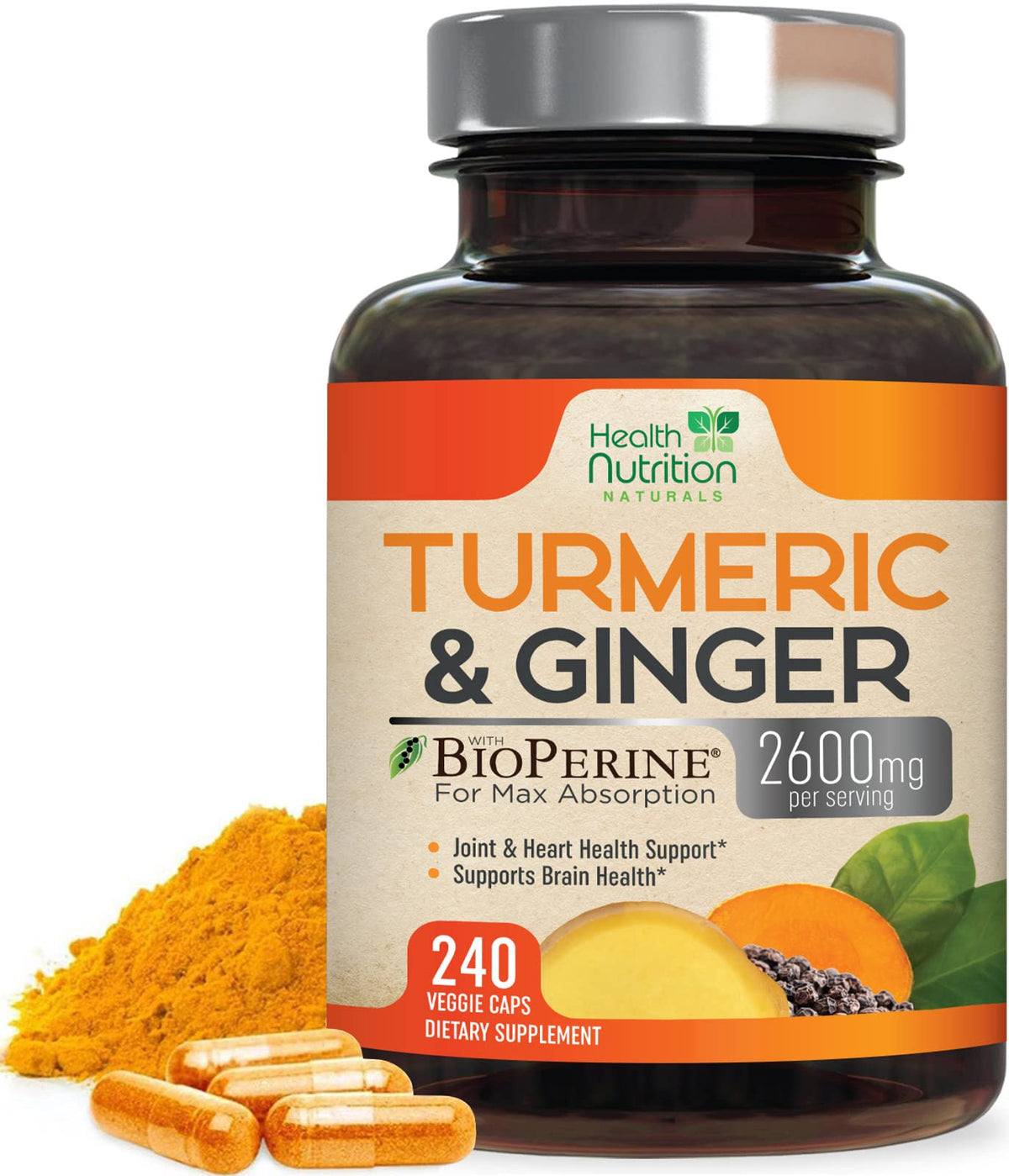 Health Nutrition Naturals Turmeric Curcumin bottle highlights 2600mg formula for joint support.