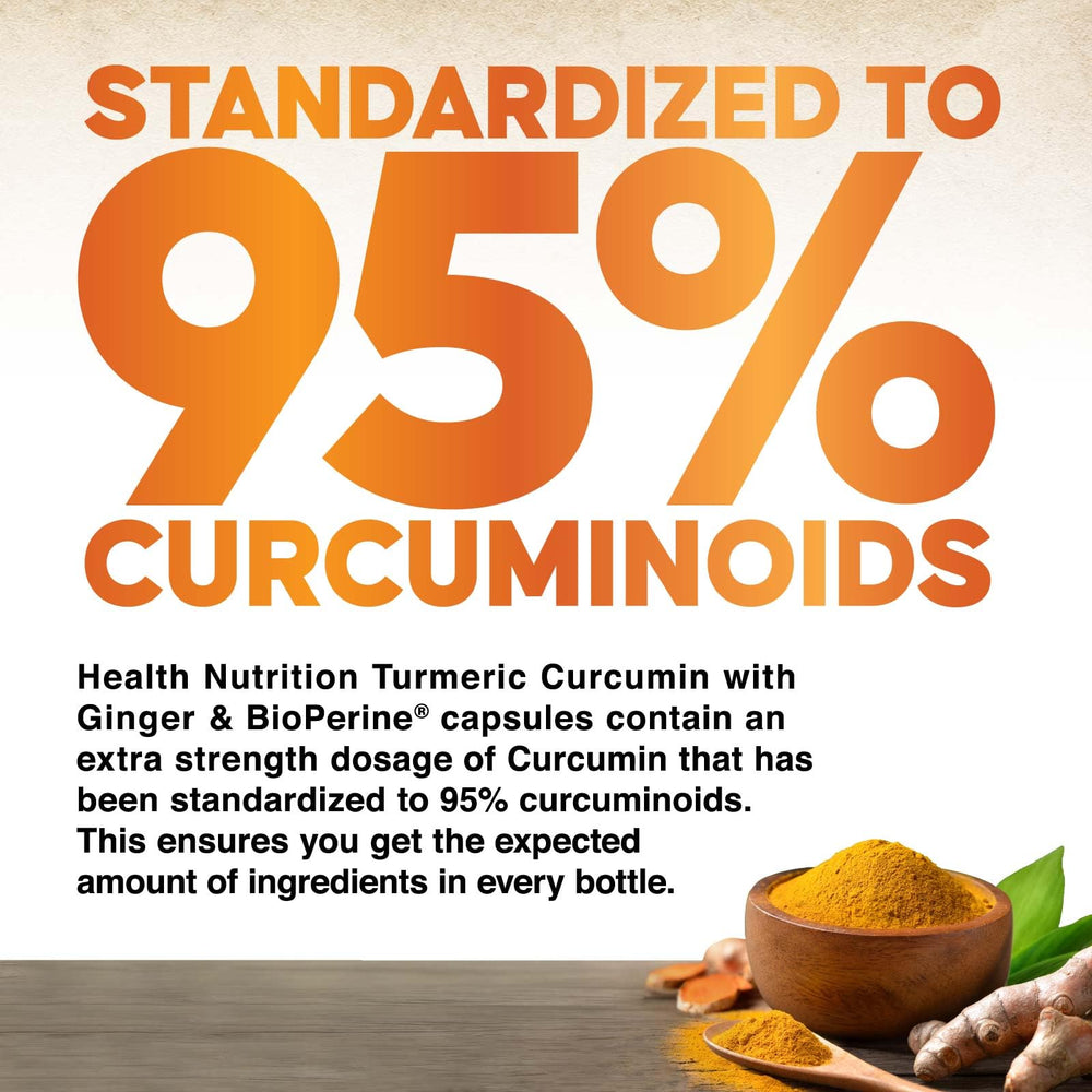 Health Nutrition Naturals Turmeric Curcumin Bioperine visual emphasizes absorption boost.