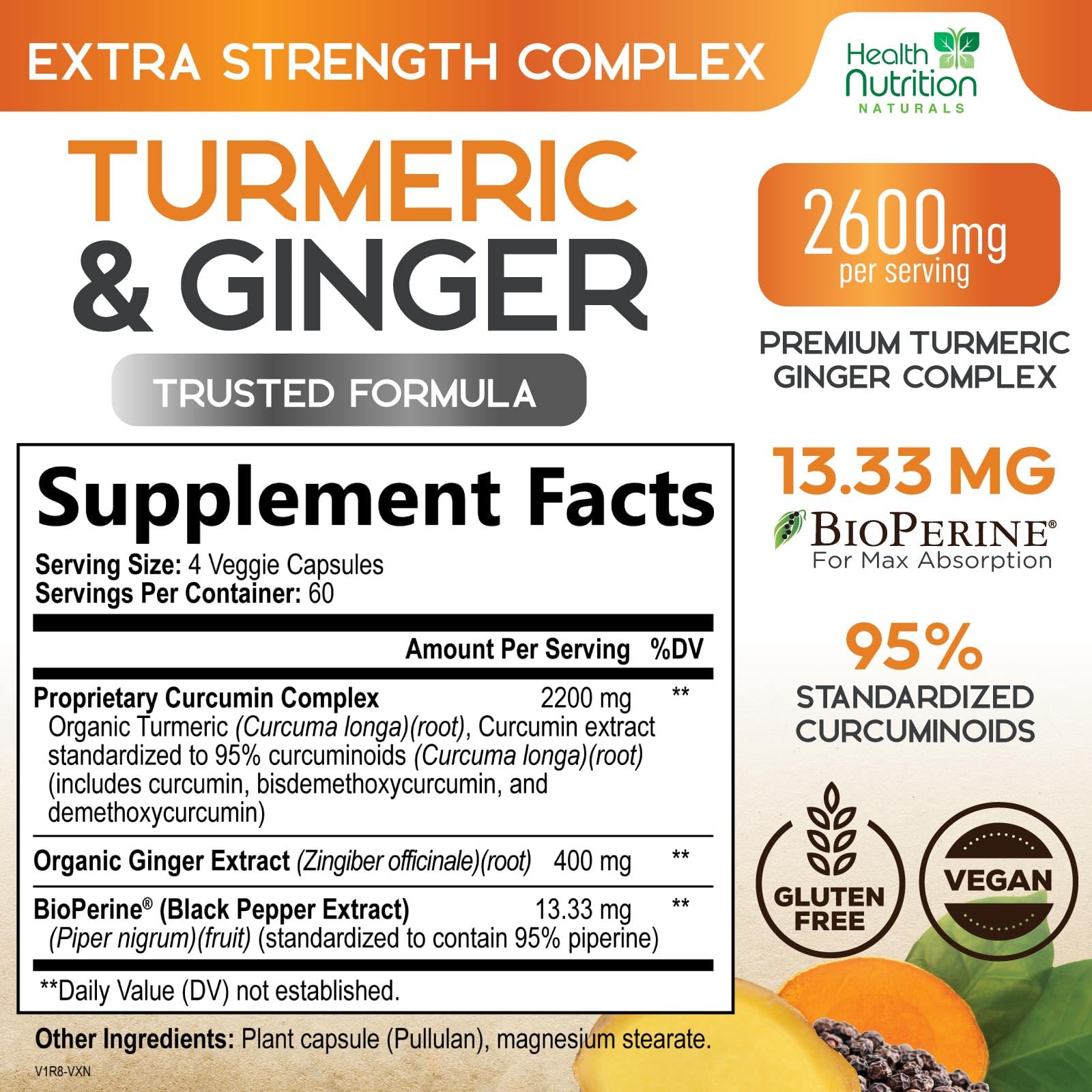 Health Nutrition Naturals Turmeric Curcumin capsules close-up with vegan, high-potency design.