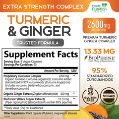 Health Nutrition Naturals Turmeric Curcumin capsules close-up with vegan, high-potency design.