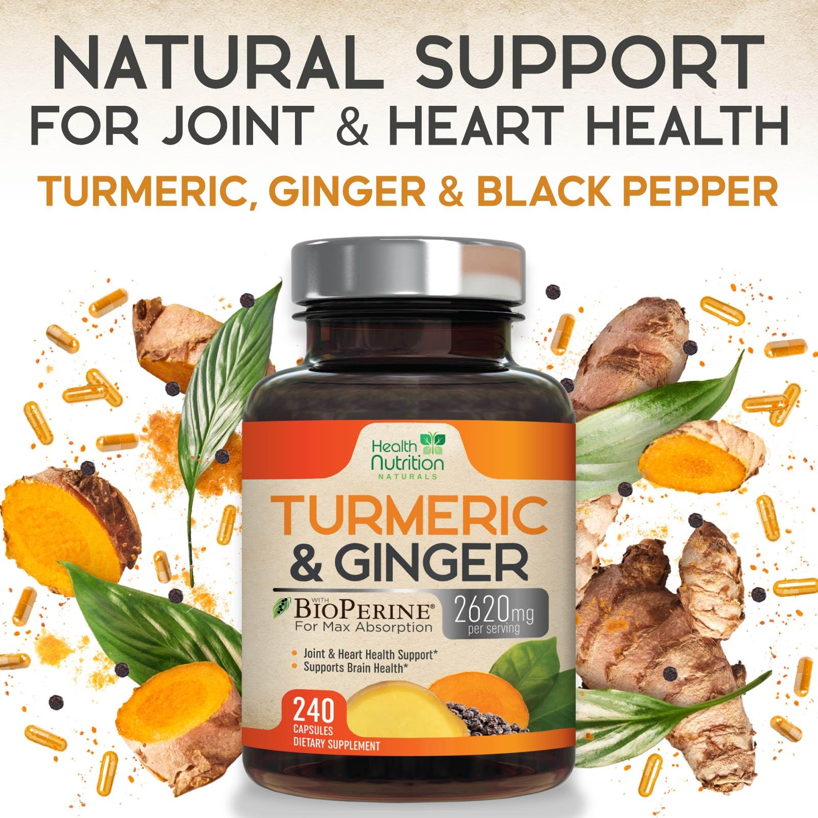 Health Nutrition Naturals Turmeric Curcumin vegan logo reinforces plant-based formula.