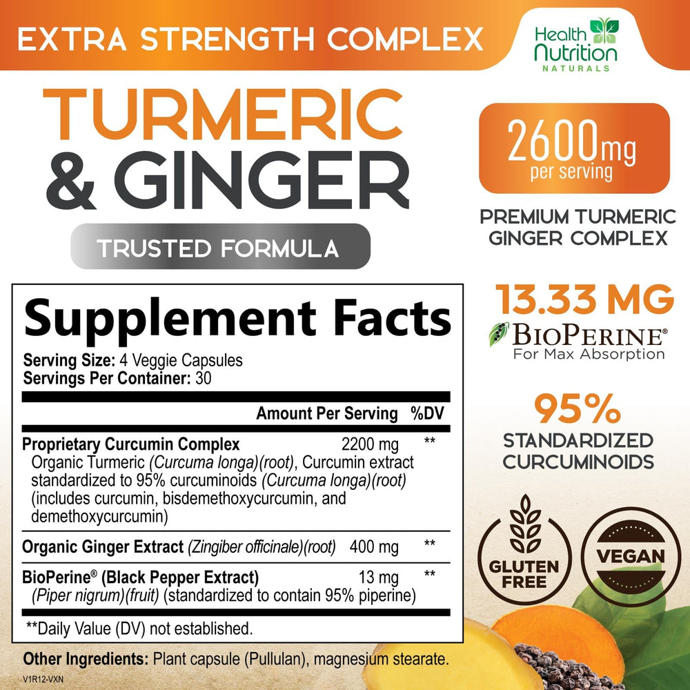 Label highlights 95% curcuminoids for potency in Health Nutrition Naturals product.