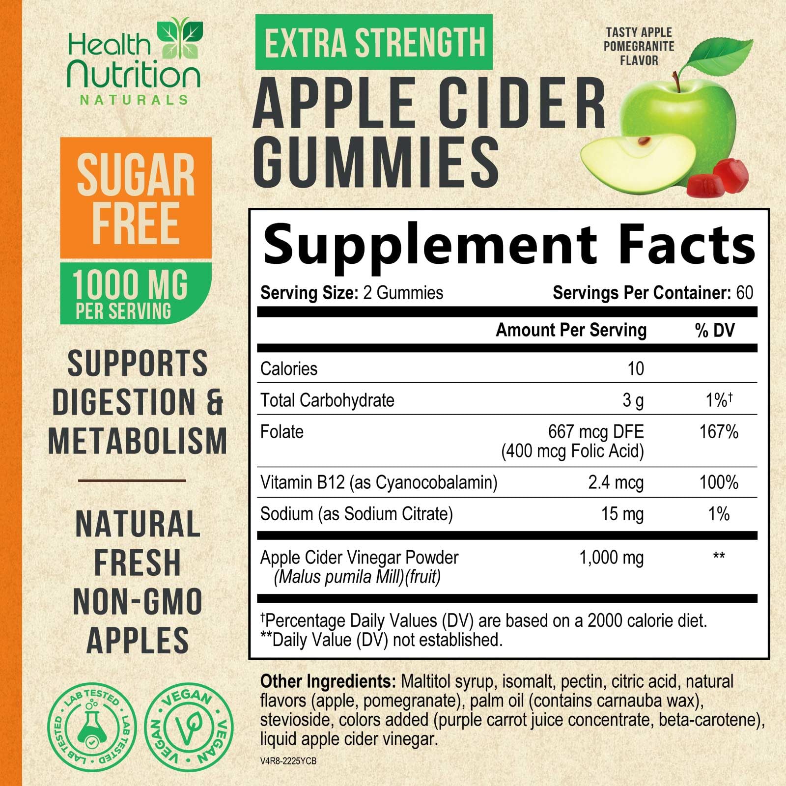 Closeup of Health Nutrition Naturals ACV gummies bottle highlighting sugar-free formula