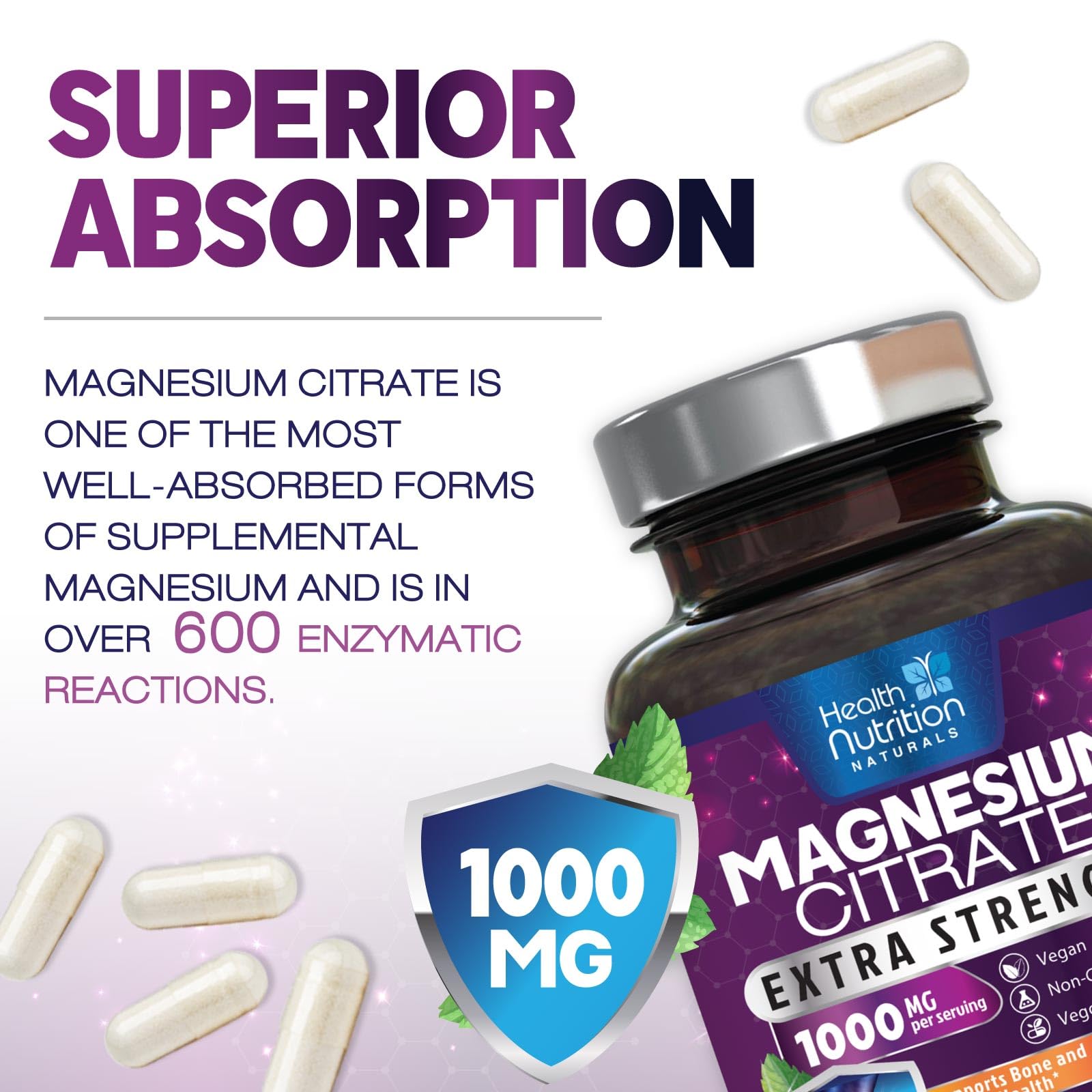 Health Nutrition Naturals Magnesium Citrate Capsules 1000mg packaging hinting at digestive comfort support.