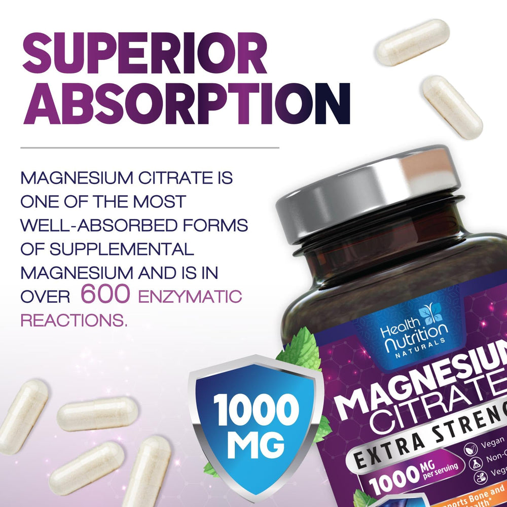Health Nutrition Naturals Magnesium Citrate Capsules 1000mg packaging hinting at digestive comfort support.