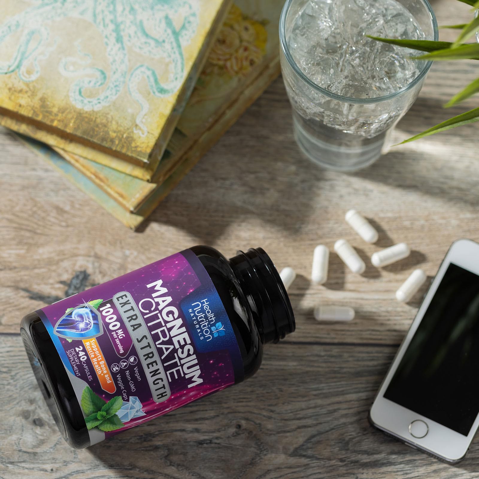 Health Nutrition Naturals Magnesium Citrate Capsules 1000mg gluten-free non-GMO formulation.