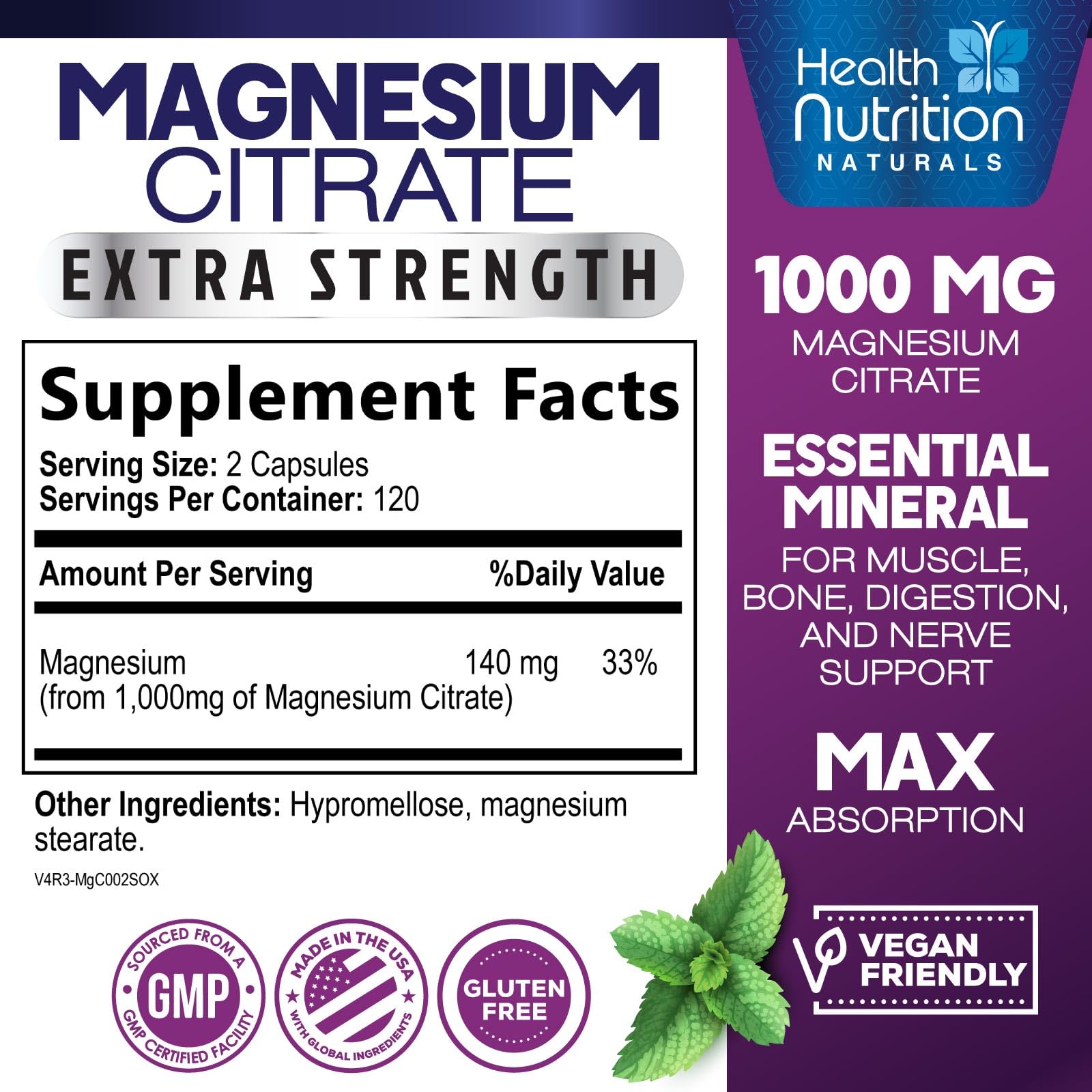 Health Nutrition Naturals Magnesium Citrate Capsules 1000mg label closeup with clear dosage information.
