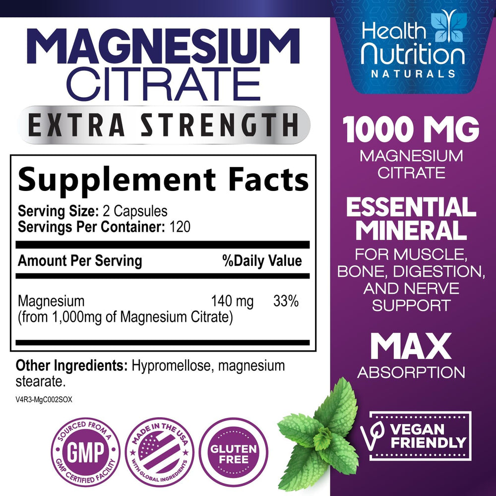 Health Nutrition Naturals Magnesium Citrate Capsules 1000mg label closeup with clear dosage information.