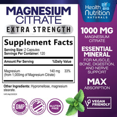 Health Nutrition Naturals Magnesium Citrate Capsules 1000mg label closeup with clear dosage information.