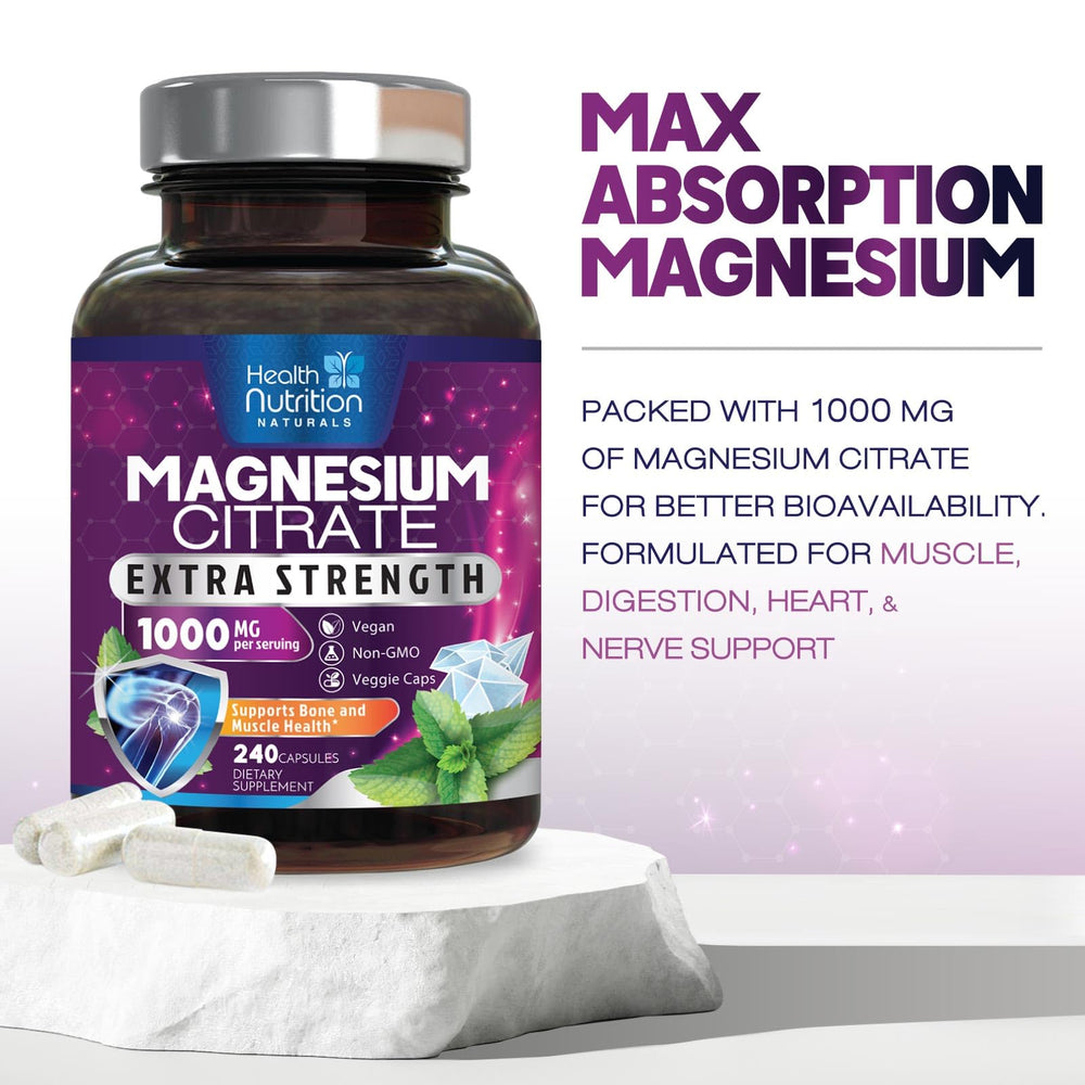Health Nutrition Naturals Magnesium Citrate Capsules 1000mg bottle suggesting nerve and muscle support potential.