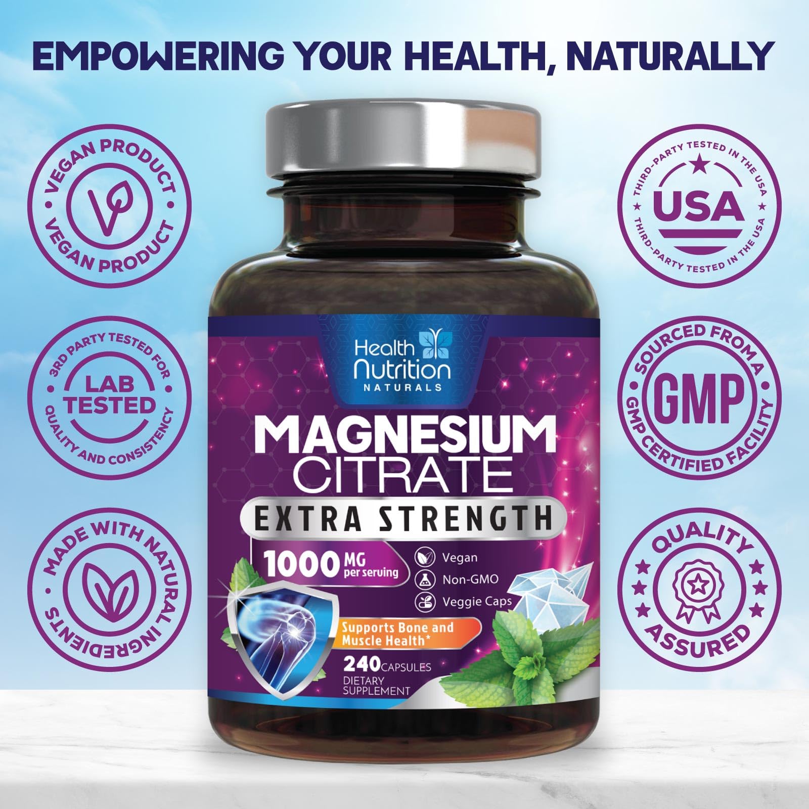 Health Nutrition Naturals Magnesium Citrate Capsules 1000mg pouring capsules for easy dosing.