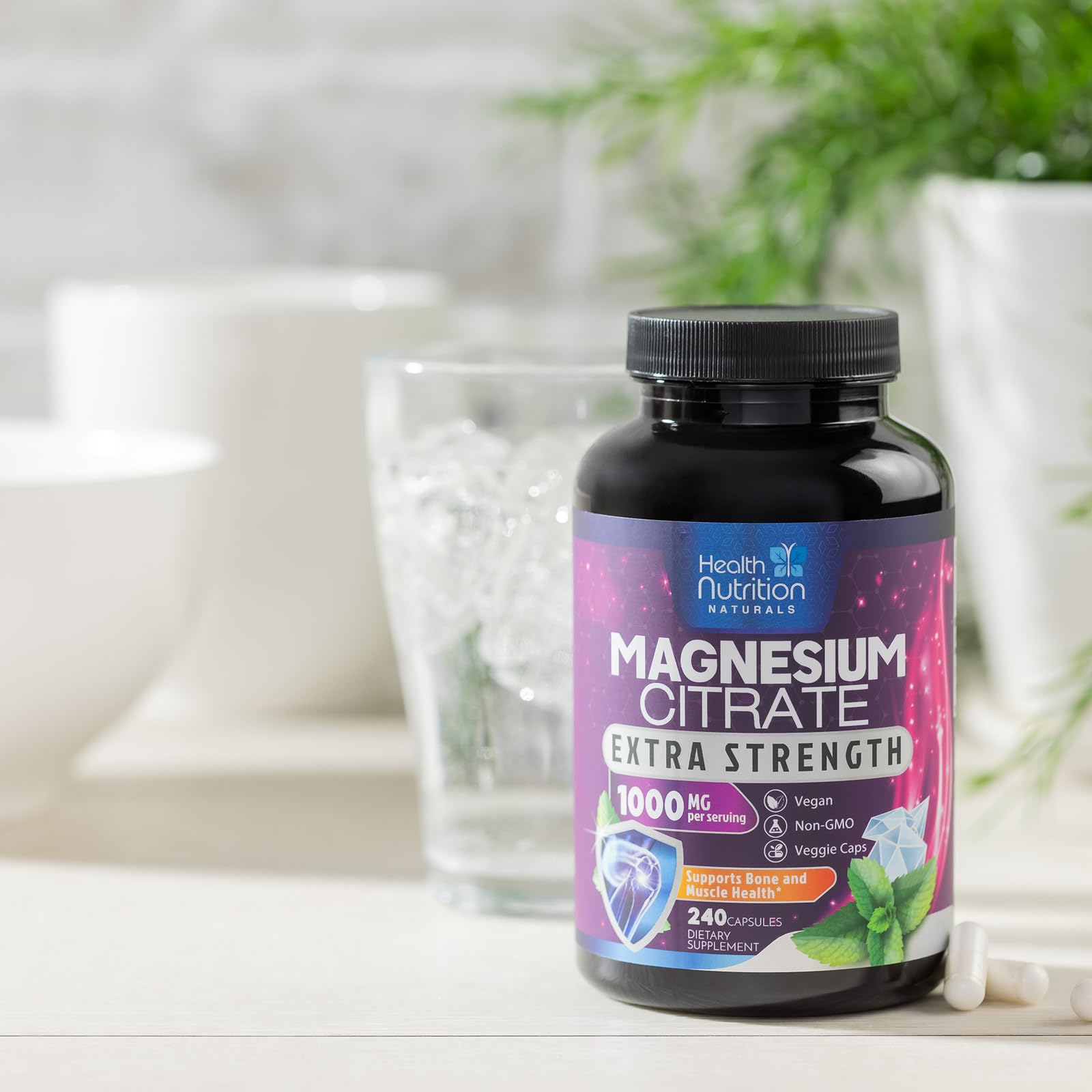 Health Nutrition Naturals Magnesium Citrate Capsules 1000mg bottle emphasizing heart health support.