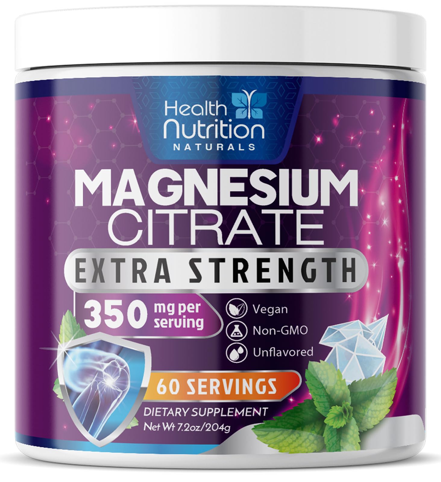 Health Nutrition Naturals Magnesium Powder bottle illustrates the unflavored formula for daily bone and muscle support.