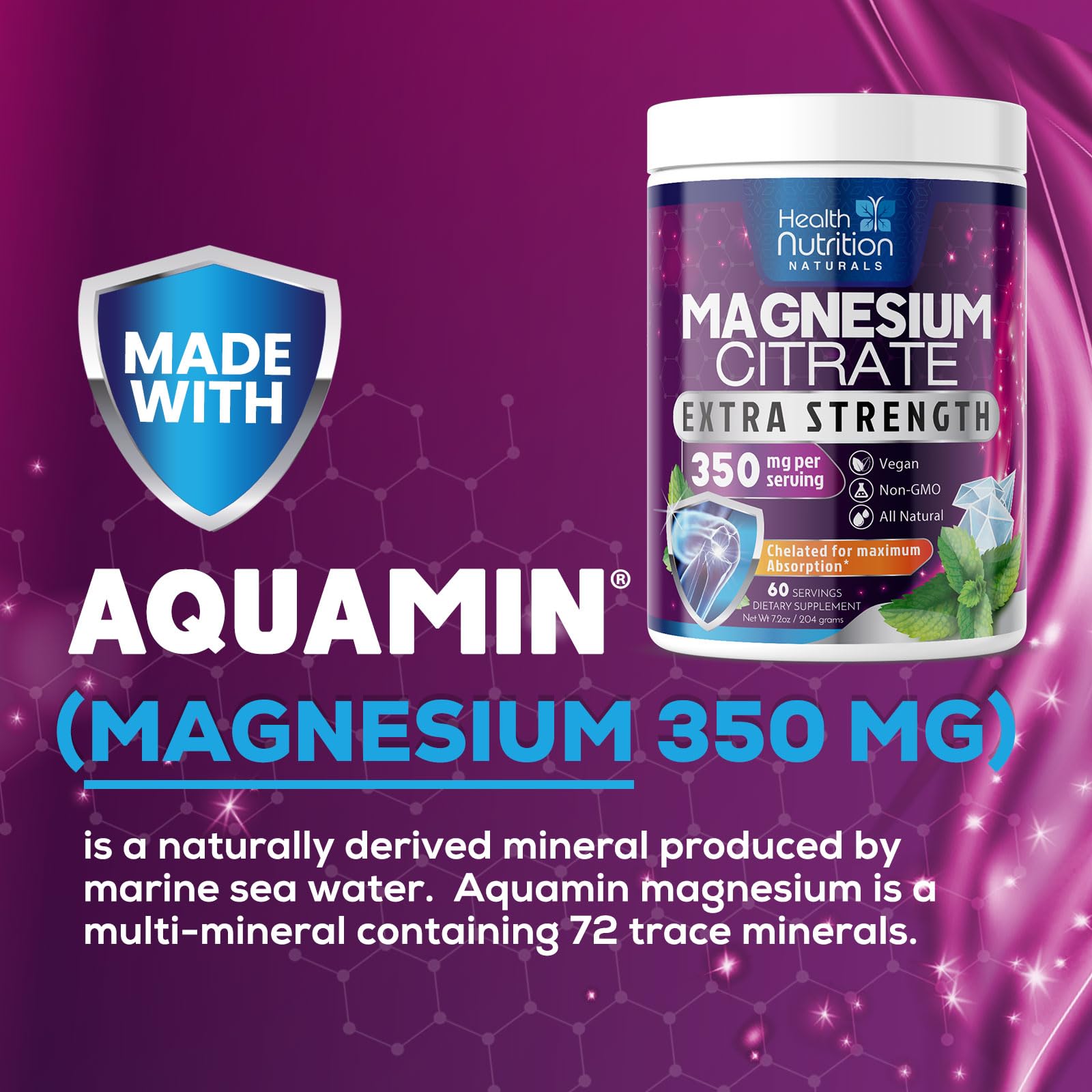 Health Nutrition Naturals label close-up highlighting Aquamin magnesium source.