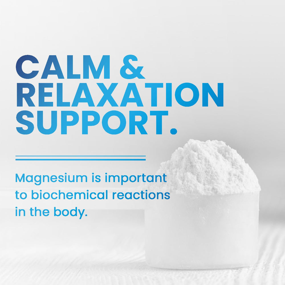 Health Nutrition Naturals magnesium powder being poured into a glass for quick mix.
