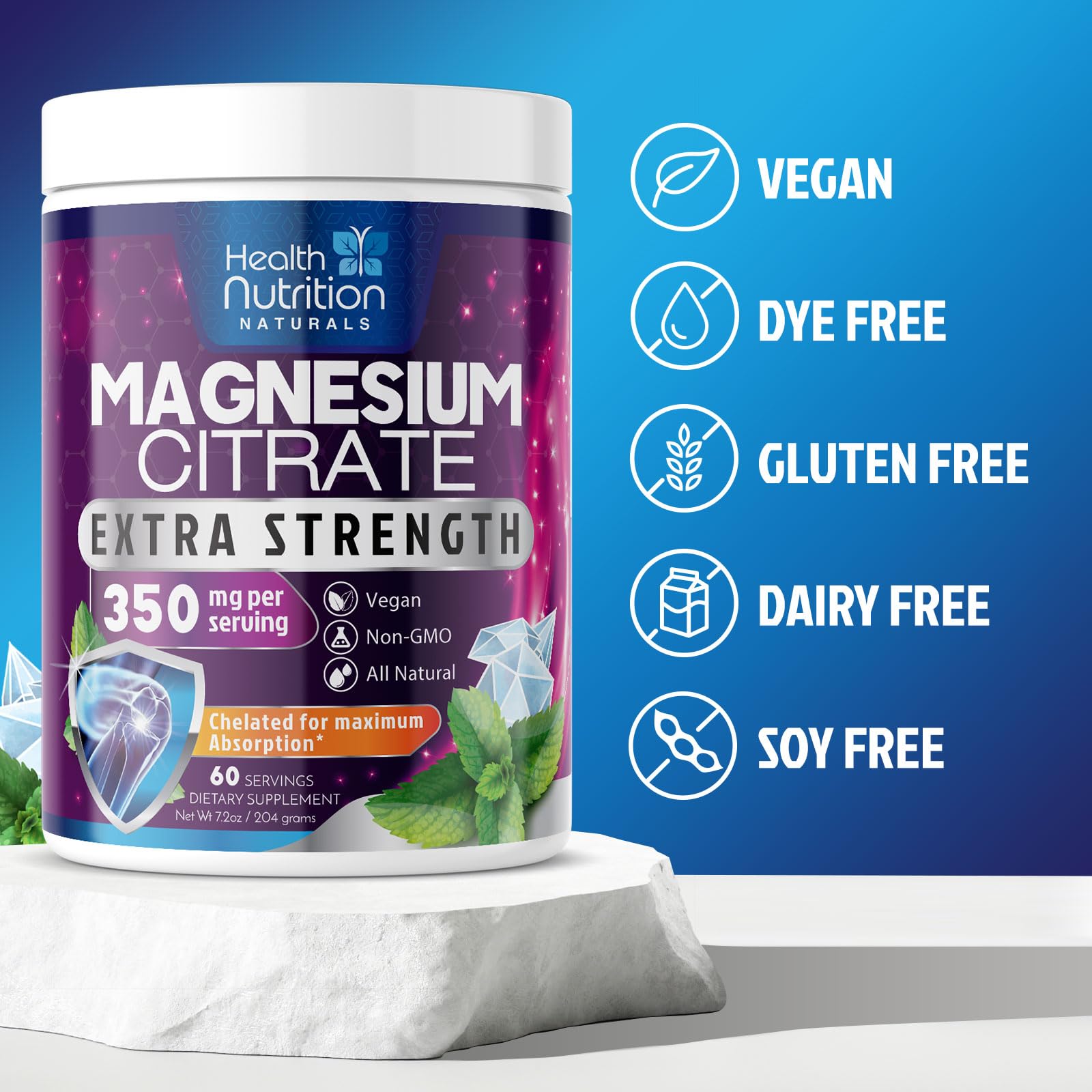 Health Nutrition Naturals magnesium powder dissolves smoothly for clean drink mixing.