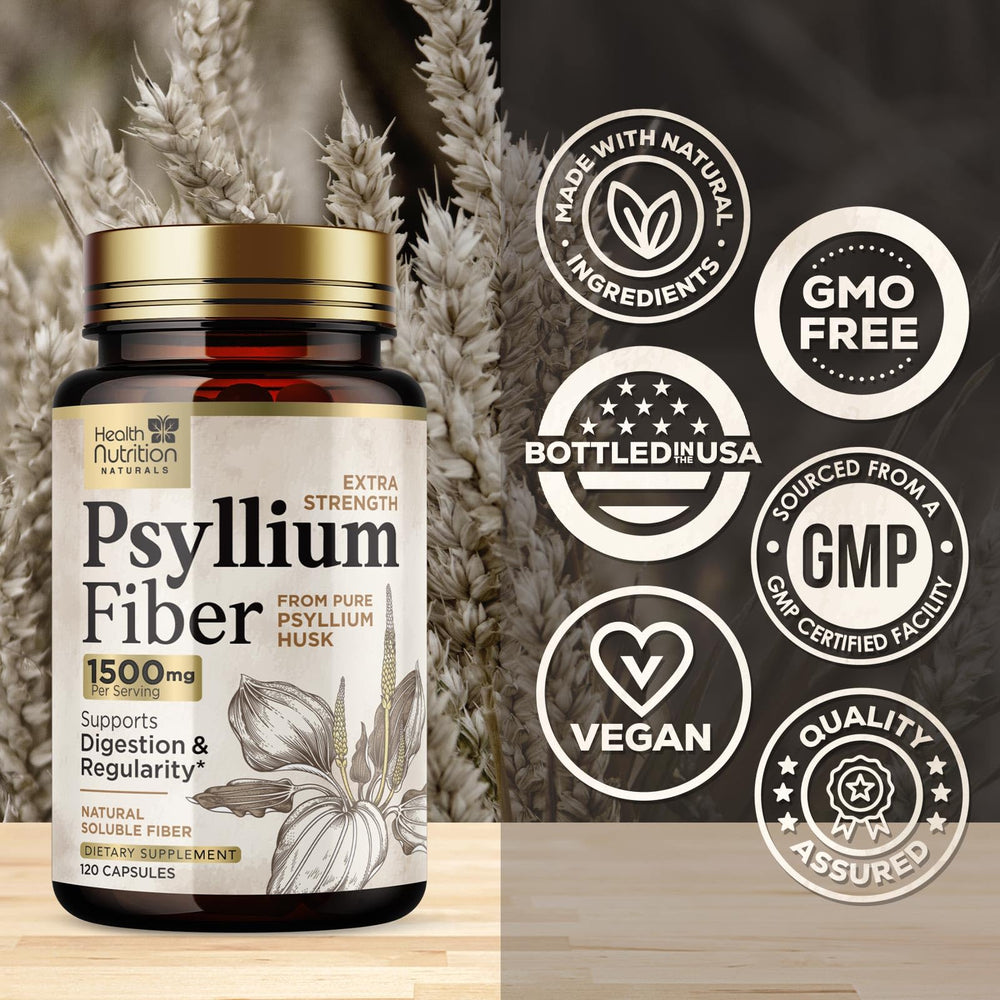 Health Nutrition Naturals Psyllium Husk Capsules label highlighting premium plant-based fiber.
