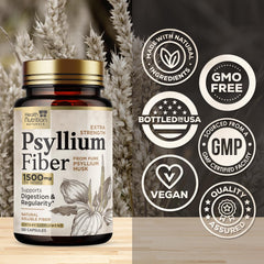 Health Nutrition Naturals Psyllium Husk Capsules label highlighting premium plant-based fiber.