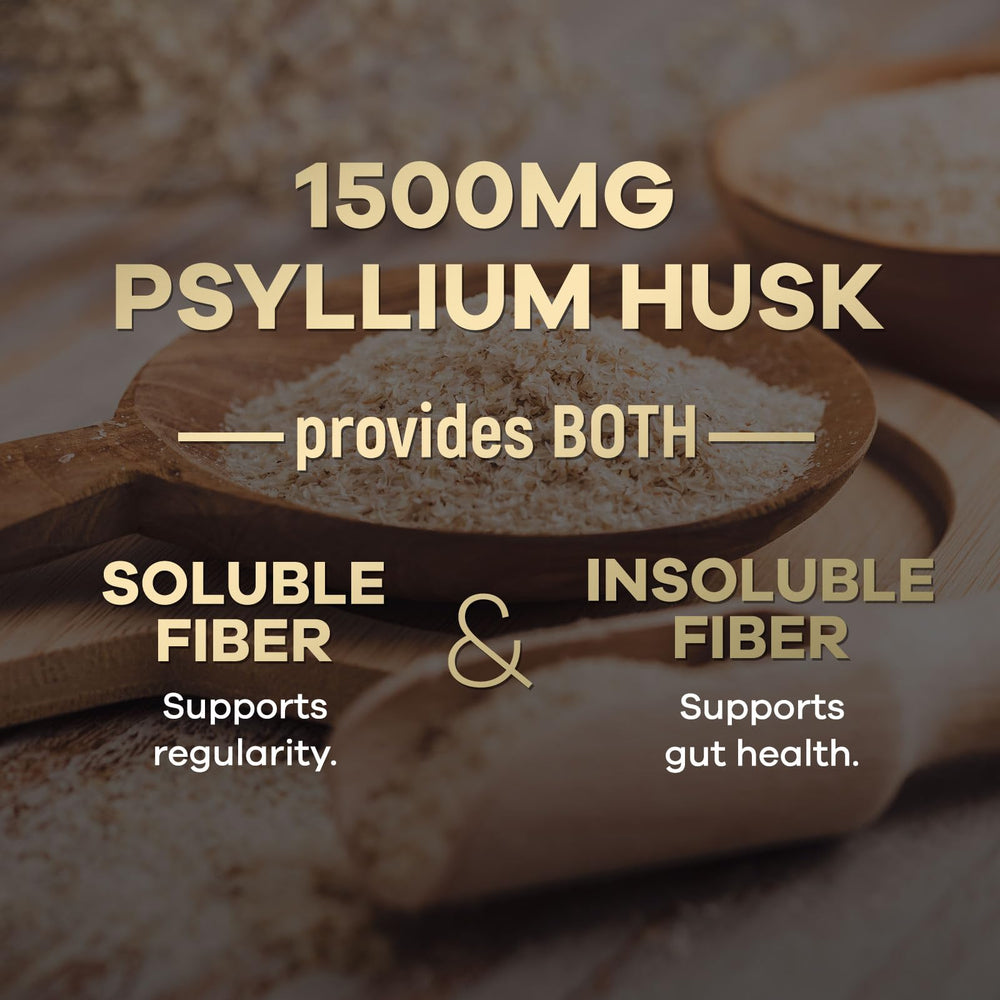 Health Nutrition Naturals Psyllium Husk Capsules packaging display emphasizing vegan, non-GMO pills.