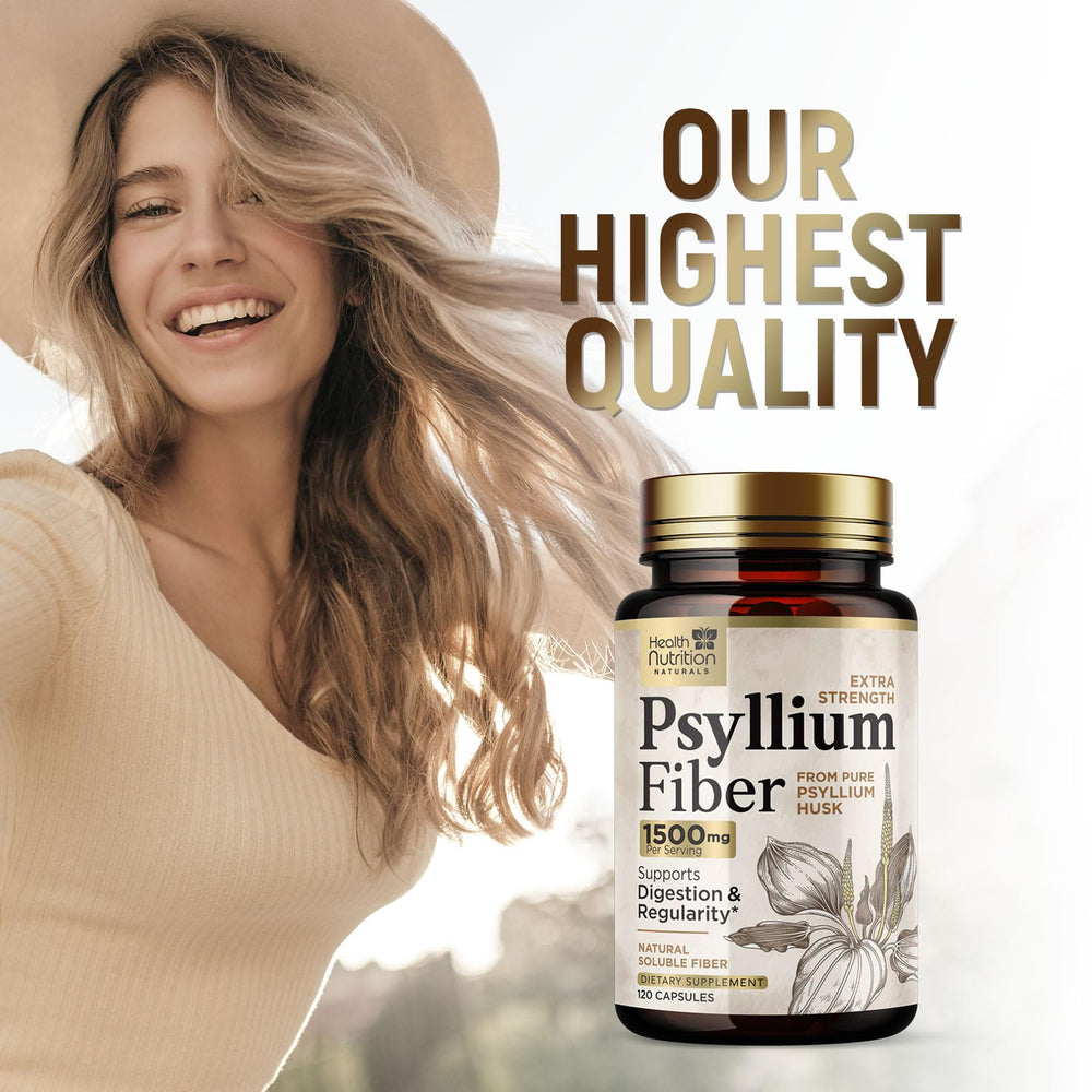 Health Nutrition Naturals Psyllium Husk Capsules USA-made seal on bottle.