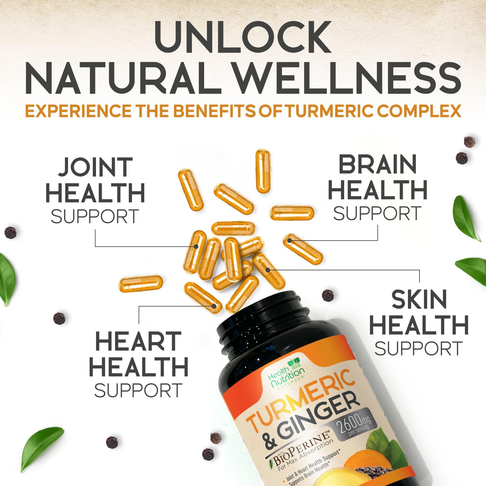 Turmeric and ginger roots beside capsules in the packaging image.