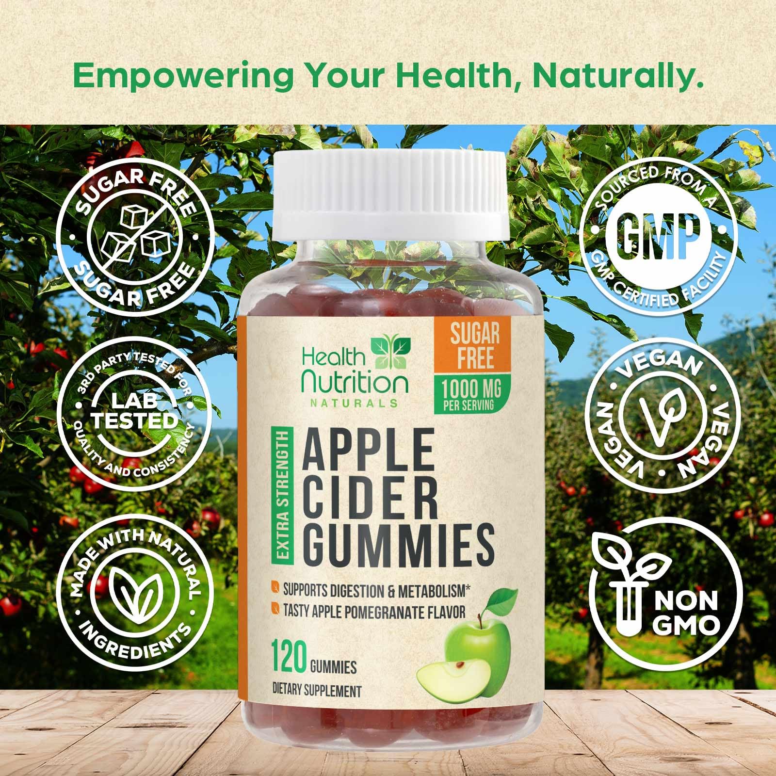 Gluten-free and vegan Health Nutrition Naturals ACV gummies on kitchen counter