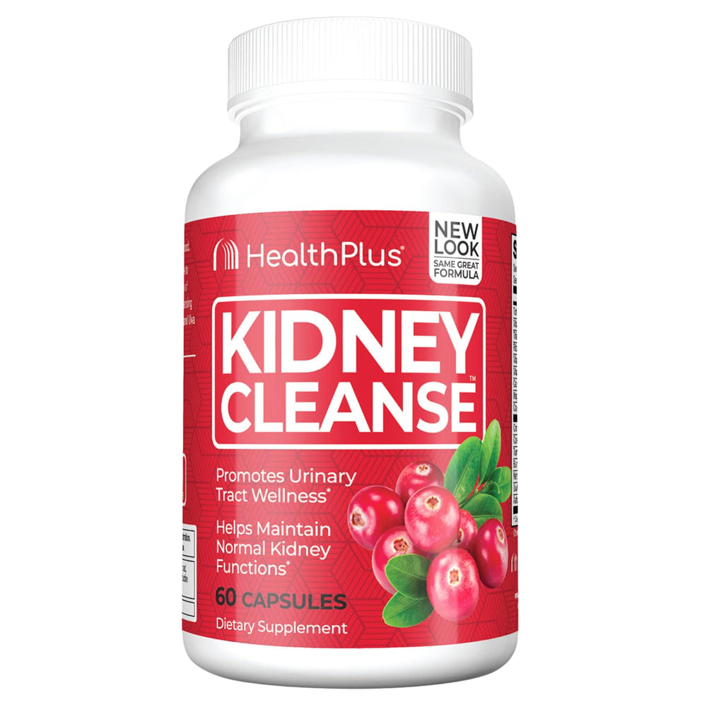 Health Plus Advanced Kidney Cleanse bottle highlights a daily supplement for kidney health and urinary wellness.