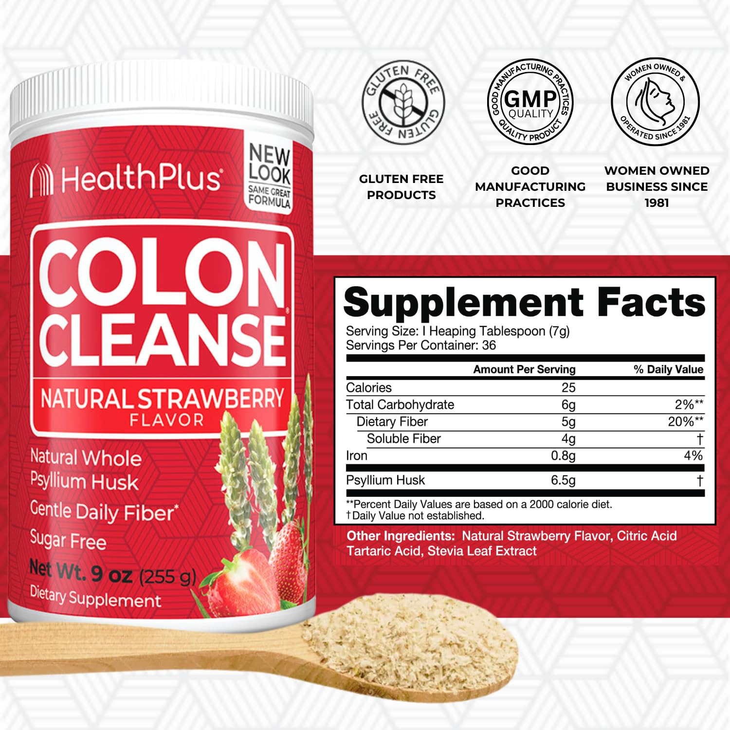 Health Plus Colon Cleanse bottle front showing strawberry flavor and fiber benefits.